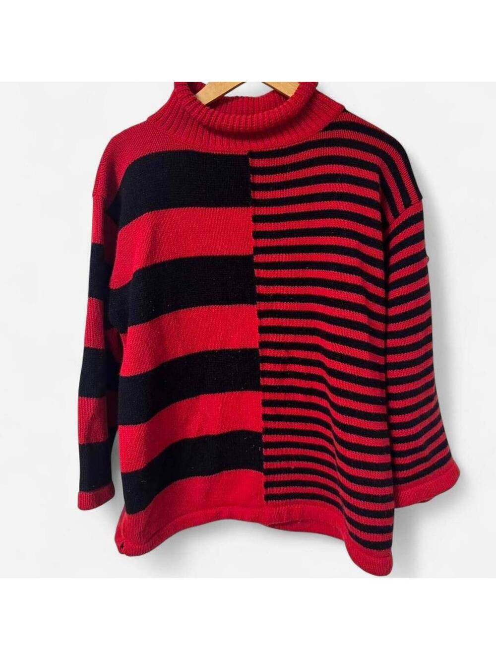 Vintage Red and Black Striped Turtleneck Sweater